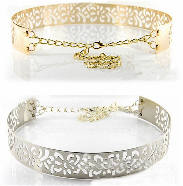 

2018 wholesale-1pc/lot women punk full metal plate cut out flower metallic mirror waist belt cummerbund with tail chain gold silver dp870666, Black;brown