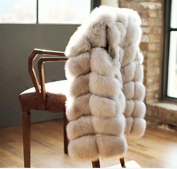 Kadınlar Kürk Faux Wholesale-2015 Beyaz/Siyah Kış Kadınlar Örme Tavşan Tilki Yeleği Plus Boyutu Gerçek Doğal Ceket Ceketleri Uzun Kolete