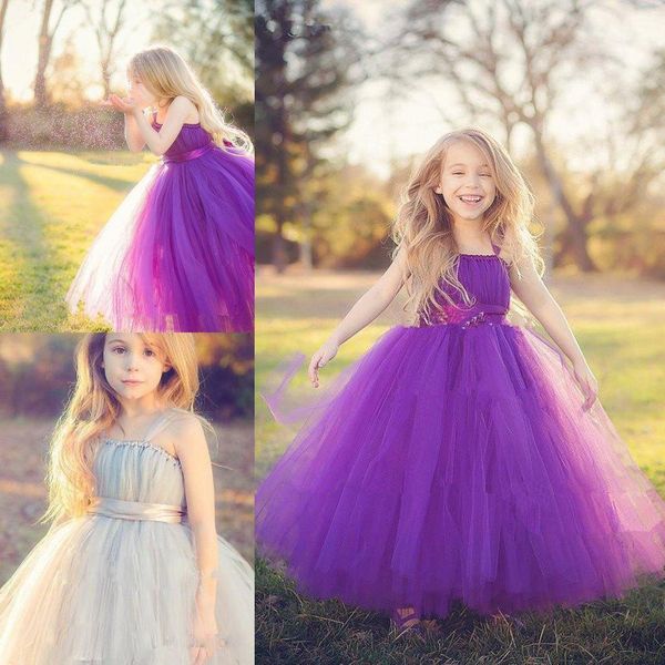

2021 princess flower girls dresses spaghetti puffy tulle tiers pleated ankle-length dresses for little girl pageant dresses, White;blue