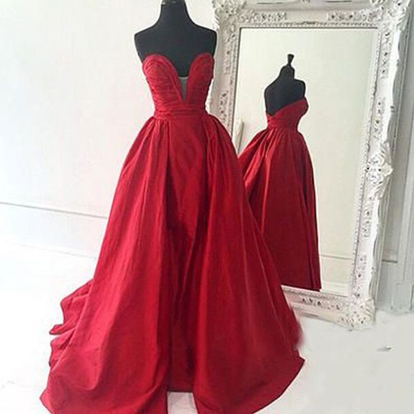 Custom Made Alta Qualidade Vestidos de Baile Vermelho Uma Linha Mergulhando Querida Decote Sem Mangas Ruched Tafetá Longo Formal Vestidos de Noite Vestidos de Festa