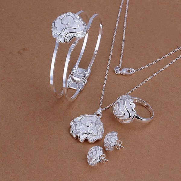 

52g fashion design rose shape 925 silver plate necklace bracelet earring ring set fit women,silver plated jewelry dms322, Black
