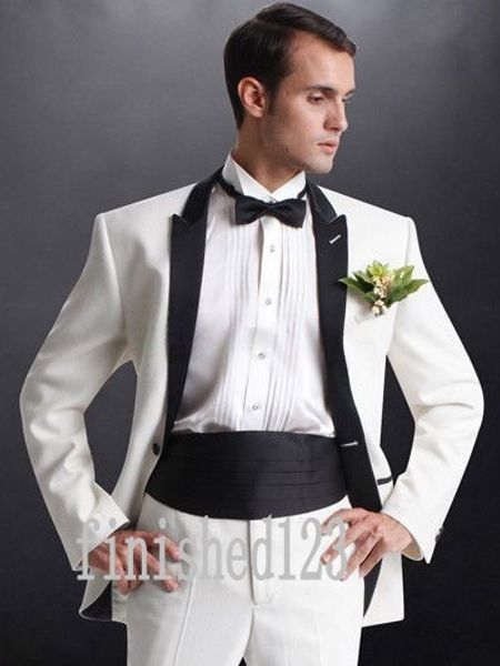 Moda Um Botão Do Marfim Noivo Smoking Pico Lapela Padrinhos de Casamento Melhor Homem Ternos de Jantar de Baile (Jaqueta + Calça + Cinto + Gravata) G3950