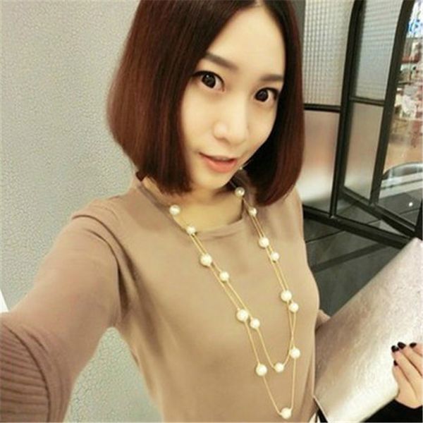 

2017 fashion bar simple double chain charm simulated pearl necklace long sweater chain necklace for women, Silver
