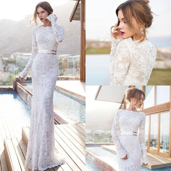 

julie vino sheer wedding dresses bateau neck long sleeves floor length sheath bridal gowns sash simple beach wedding gowns 2019 ho1083889, White