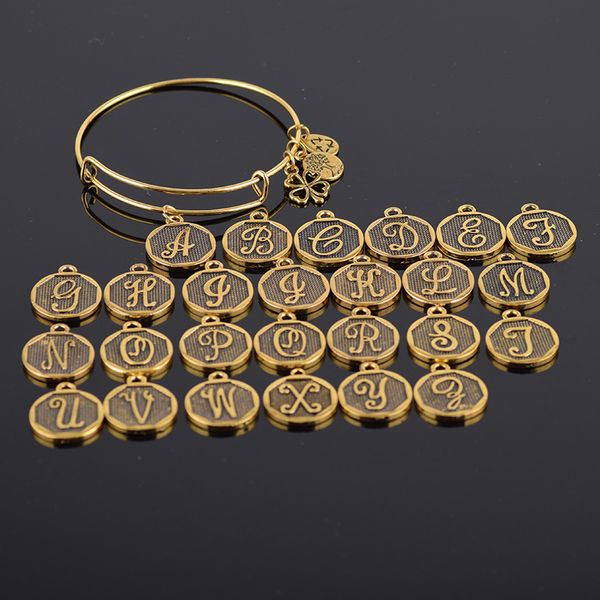 

wholesale- factory expandable bracelet ancient gold a-z initial letter charm bracelet adjustable wire wrap cuff bangle, Black