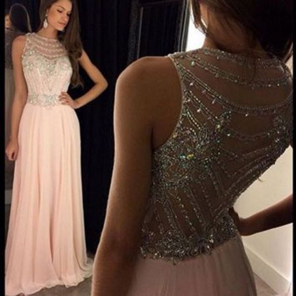 

vestidos de festa prom dresses 2016 illusion sheer neck with beaded crystal a line sleeveless floor length party dresses robe de soiree, Black