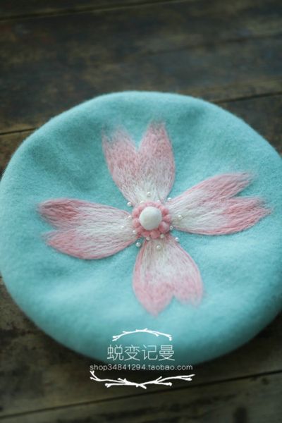 

wholesale-2015 manual women beret hat "the bing flower" man made wool hat unique handicraft hat, Blue;gray