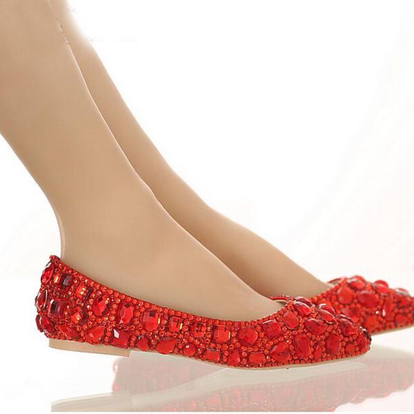 Scarpe con punta a punta con tacco piatto Scarpe da sposa con strass colorati Scarpe da sposa basse da sposa Scarpe da ballo per feste di colore rosa rosso argento