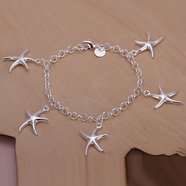 

gift 925 silver five starfish bracelets dfmch193,brand new sterling silver plated chain link bracelets high grade, Black