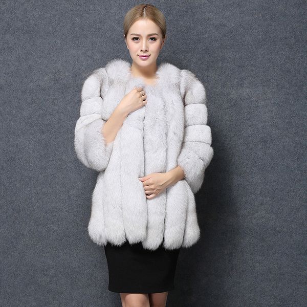 

wholesale-fashion women pink faux fox fur coat long style winter coats and jackets lady fur overcoat luxury manteau fausse fourrure, Black