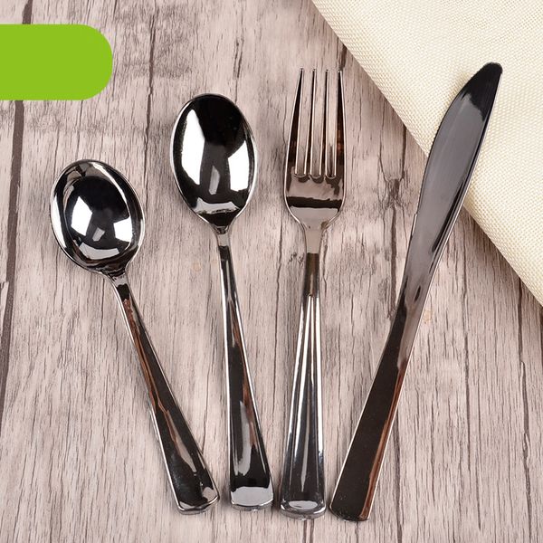 

Electroplating Silver Plastic Spoon Knife Fork Disposable Party Dinnerware Western Dessert Cake Fork Knife 50pcs/lot SK714