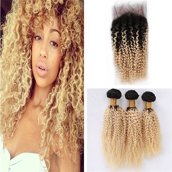 

indian blonde ombre curly hair bundles with closure 2 tone 1b 613 kinky curly ombre human hair weaves with closure, Black;brown