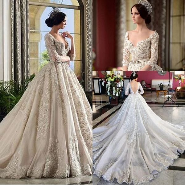 

3d цветочные аппликация бальное платье свадебные платья с длинным рукавом 2018 рами саламон собор поезд плюс размер дубай арабское свадебное, White