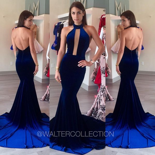 Tapete Vermelho Designer Chaming Royal Blue Vestidos celebridade vestidos de noite de veludo online Mermaid baratos Sexy Backless Vestidos Halter Keyhole Neck