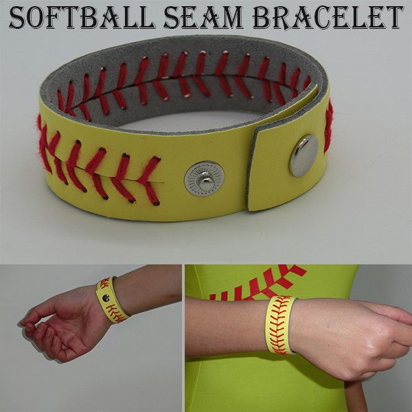 

yellow leather softball bracelet sports jewelry, Golden;silver