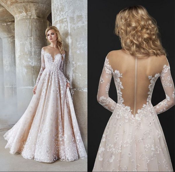 

sheer свадебные платья boho 2018 с длинными рукавами свадебные платья молния назад совок кружева аппликации лиф сад свадебное платье, White
