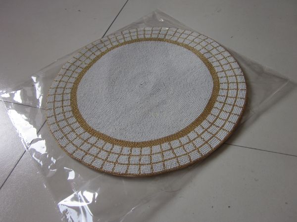 2019 Round Gold And White Handmade Beaded Placemat Set Glass Beads Round Gold And White Handmade Beaded Placemat Set Glass Beads Table Mat Runner