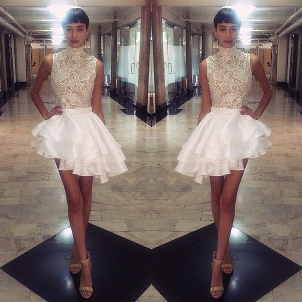 

michael costello short dresses high neck lace satin cocktail party gowns tiers ruffles asymmetrical mini prom celebrity gowns custom, Black