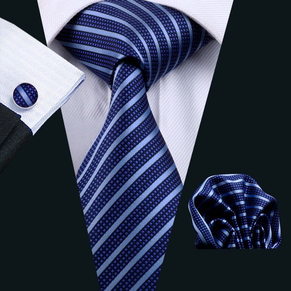 

blue stripe neck tie set mens silk tie hanky cufflinks jacquard woven formal work meeting leisure n-0337, Black;blue