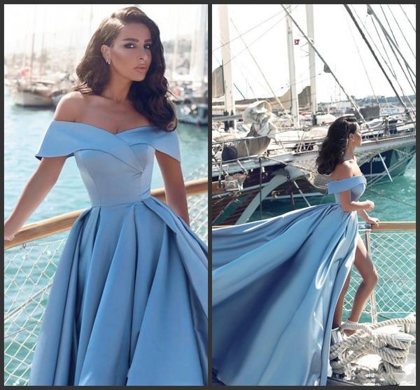 2020 Nuovo arabo Modern Light Blu Abiti da sera convenzionale 2021 Elegante Off The spalle Fronte Popolare Split sera Prom Gowns 406