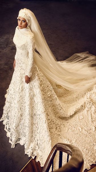 

arabic muslim wedding dresses long sleeves chapel train lace wedding dresses zipper back personalized bridal gowns wedding party dress, White