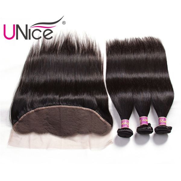 

unice hair malaysian straight virgin ear to ear lace frontal and bundles human hair bundles with 13x4 lace closure frontal remy hair weave, Black;brown