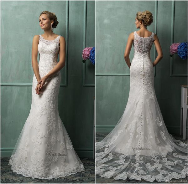 

amelia sposa full lace wedding dresses real image vintage lace mermaid bridal gowns long court train church paolo sebastian, White