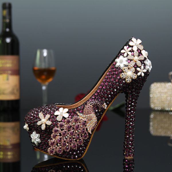 

handmade purple rhoenix rhinestone gorgeous womens modeling event shoes new arrived flower crystal wedding shoes bridal crystal shoes, Black