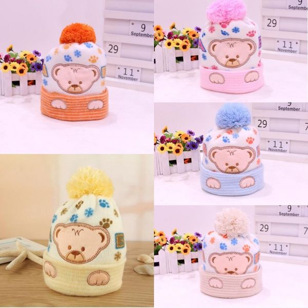 Caráter bonito Wool Hat bebê Algodão Urso Gorros de Inverno recém-nascidos Rapazes Meninas chapéus com Pom Pom infantil Cap Cashmere suave