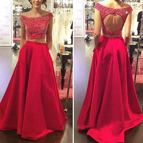 

spring two pieces party dresses a line off the shoulder cut out open back beaded crop prom gowns custom made pockets, Black