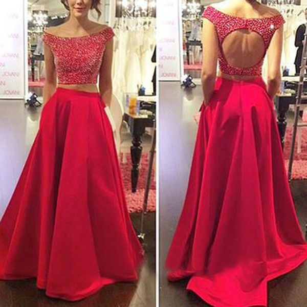 Primavera Dois Peças Vestidos de Festa Uma Linha Fora Do Ombro Recortado Aberto Voltar Frisado Colheita Top Prom Vestidos Feitos Sob Encomenda Bolsos