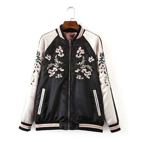 Venda Por Atacado - Flor Bordada Phoenix Pássaro 2016 Mulheres Cetim Bomber Jaqueta Básico Casacos Pilotos Outerwear Casacos Rosa Ambos os lados desgaste