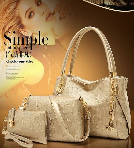 

3pcs/set new 2016 pu leather vintage women handbag set fashion trendy tote shoulder bags cross body messenger bags bolsas gold fox bag