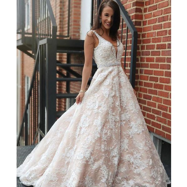 

elegant a-line wedding dresses v-neck spaghetti straps appliques lace pearls backless long bridal gowns vestido de novia, White
