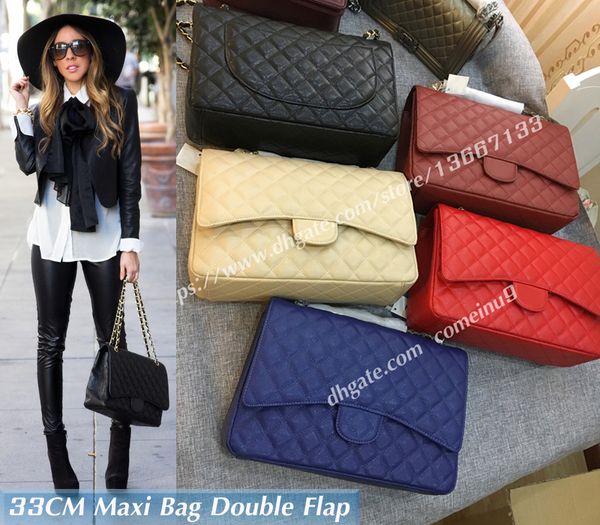 

Design Brand 33CM Black Caviar Maxi Bag Women's Large Lambskin Quilted Double Flaps 58601 Handbags Female Genuine Leather Shoulder Bags