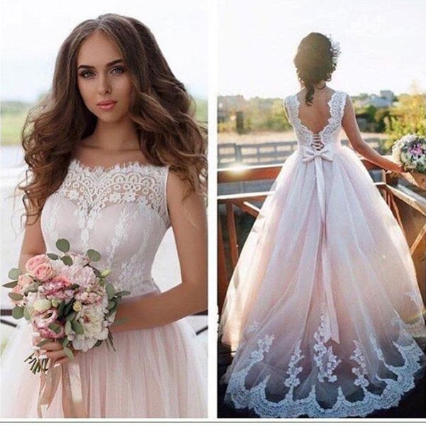 

lace a-line wedding dresses sheer neck sleeveless lace up back appliques long bridal dress vestido de novia, White
