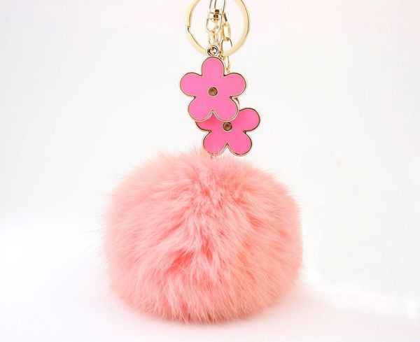 

cute leather rabbit fur ball pom poms plush flower key chains for car key ring bag pendant car keychain gift for girls and women,mix colors, Slivery;golden