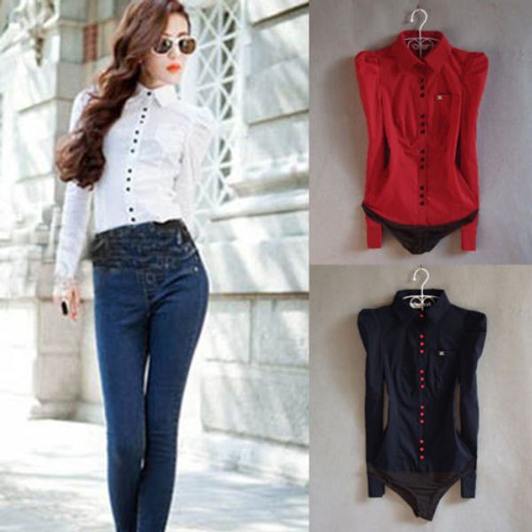 

fashion nicenew women's elegant long sleeve cotton ol bodysuit shirt blouse button design, White