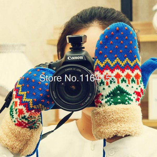 

wholesale-female women lady winter cute velvet padded wool gloves knitting mittens motorcycle luvas guantes gl37, Blue;gray