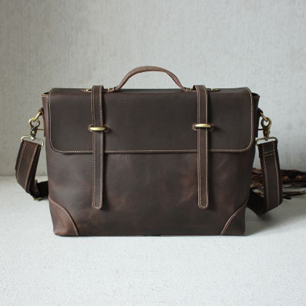 

2017 new imported layer of cow leather computer handbbag men handmade crazy hor e leather vintage houlder fa hion mailbag 38cm