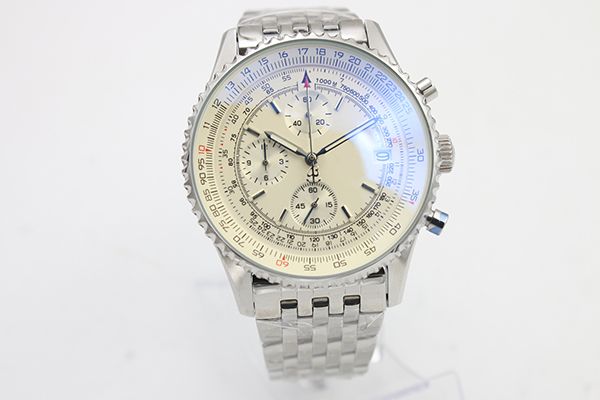 

factory new quality chronograph battery power quartz silver dial men watch silver stainless steel belt navi timer strap mens wristwatches, Slivery;brown