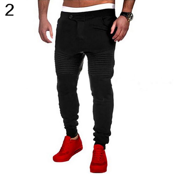 

wholesale- men fashion slim fit stripes pockets patchwork elastic long pants trousers, Black