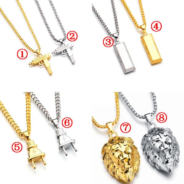 

Hip Hop Jewelry Engraved Gun Shaped Gold bullion plug Lion's head Pendant Gold and Silver chain necklaces For Men s Hiphop Jewelry Gift