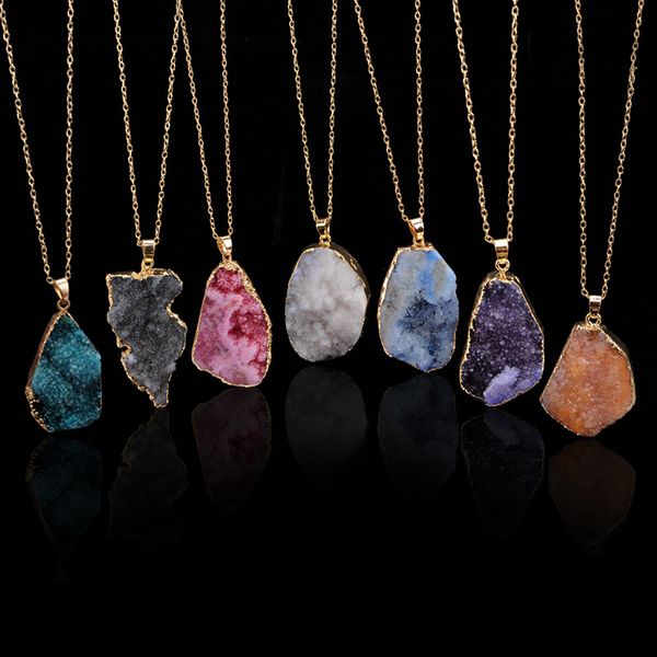 

Fashion Natural Crystal Quartz Stone necklaces Geometric Druzy Healing gemstone pendant Gold chain necklace For Ladies modish Jewelry