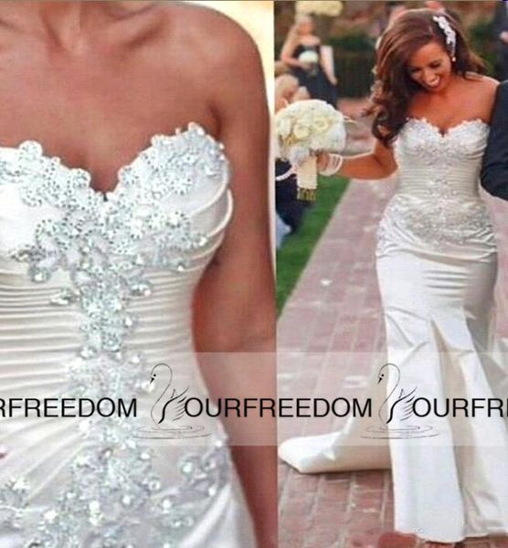 

2019 ivory satin mermaid wedding dresses sweetheart crystal beaded ruched backless spring summer bridal gowns custom made plus size, White