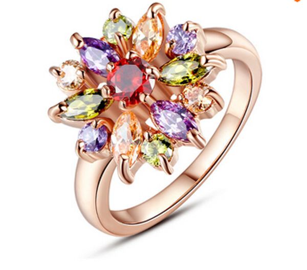 

Clasic Crystal Bling Flower Ring 18K Rose Gold Plated Finger Ring for Women with 3A Multicolor Cubic Zircon Wedding Jewelry Accesories