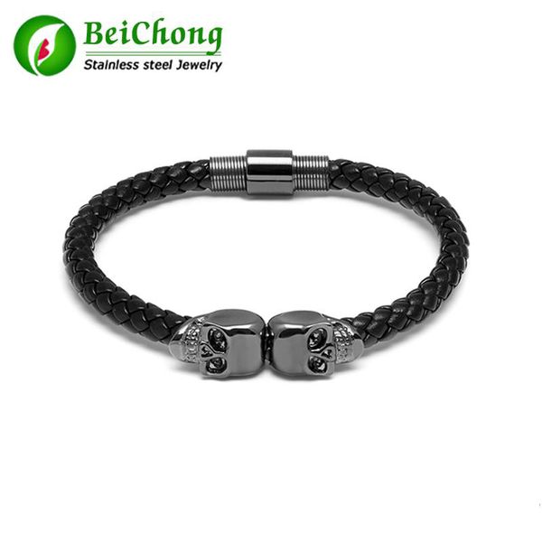 

wholesale-twin north skull bracelet made of genuine black nappa leather black and 316l stainless steel bd0179