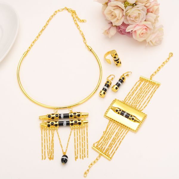 

women's unique neck chain a row pendants earrings ring bangle wide sets 14k yellow black fine gold filled eretrian african jewelry set