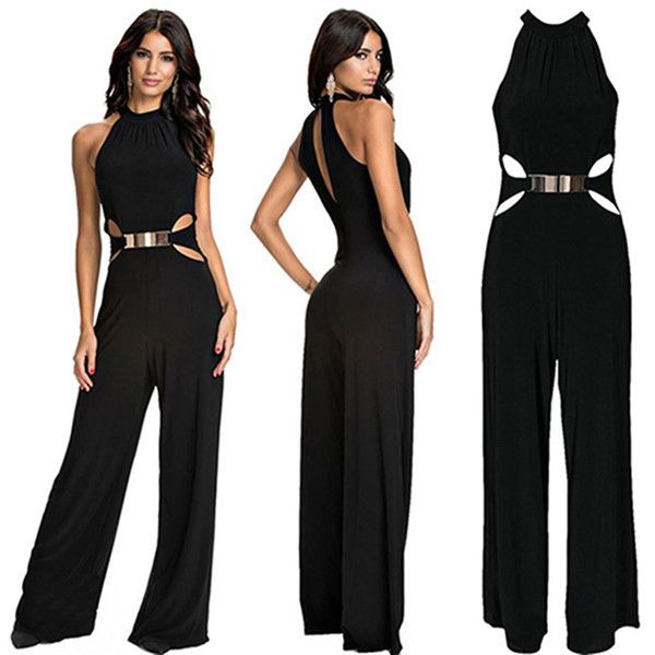 

wholesale-2015 fashion sleeveless jumpsuit summer black high waist hollow out long jumpsuits female overalls with belt ho659134, Black;white
