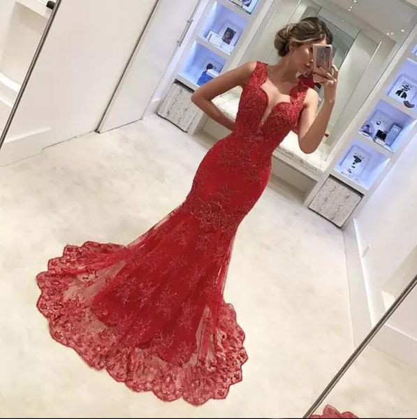 

abendkleider red mermaid evening dress lace beaded long formal party gowns, Black;red